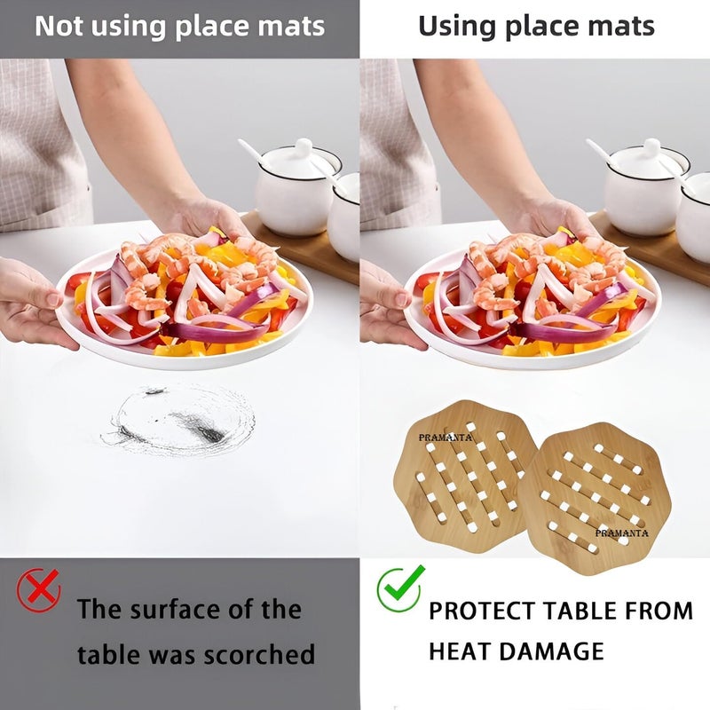 PRAMANTA Dining Table Heat Pad for Kitchen Bamboo Coasters for Home Pan Pot Holder Heat Resistant Wooden Trivet Pan Pot Tawa Kadai Cooker Holder Coasters 2Pcs - Image 2
