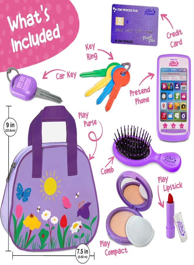 Star Princess Play Purse for Toddlers with Accessories, Toddler Girl Toys 1 2 3 Years Old with Pretend Makeup, Keys, Smartphone, Toddler Toy Purse for Little Girls - Birthday Gift for Toddlers Girls Ages 2-3 Purple - Image 2