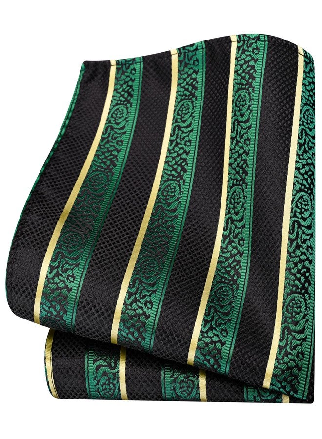 GUSLESON Dark Green Tie for Wedding Mens Silk Black Yellow Striped Necktie Pocket Square Cufflinks and Lapel Pin Brooch Set (6108-38) - Image 3