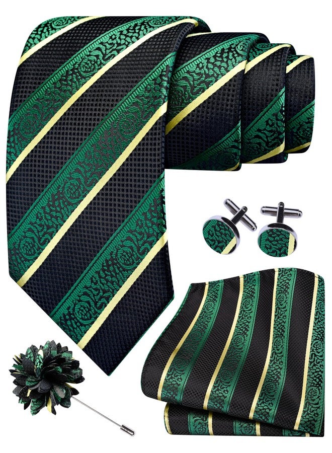 GUSLESON Dark Green Tie for Wedding Mens Silk Black Yellow Striped Necktie Pocket Square Cufflinks and Lapel Pin Brooch Set (6108-38) - Image 2