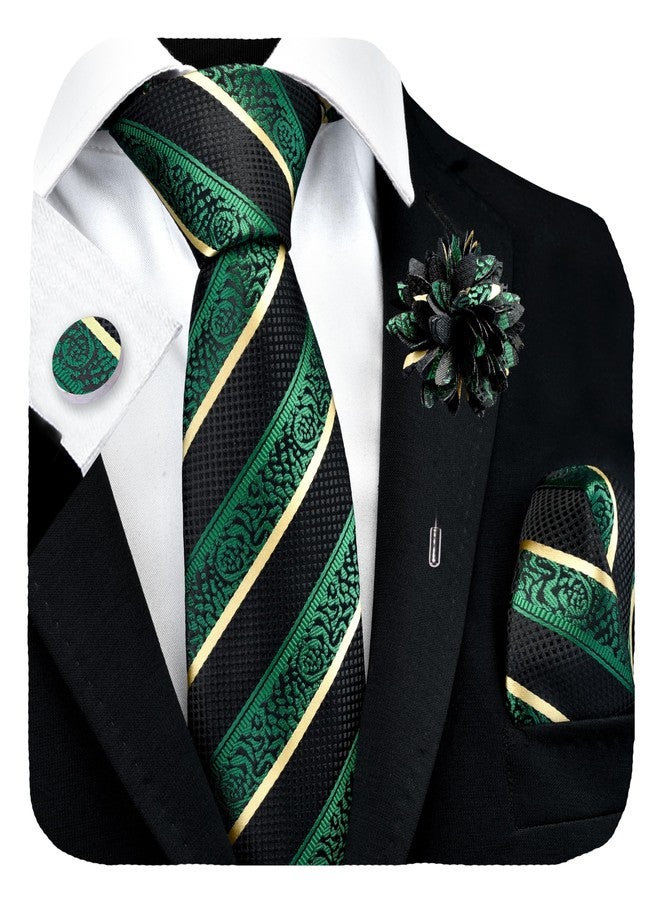 GUSLESON Dark Green Tie for Wedding Mens Silk Black Yellow Striped Necktie Pocket Square Cufflinks and Lapel Pin Brooch Set (6108-38) - Image 1