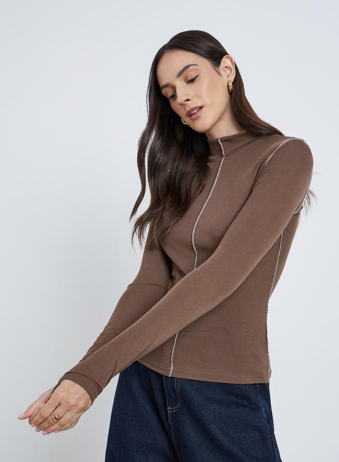 Styli Turtleneck Contrast Trim Ribbed Knit Top - Image 1