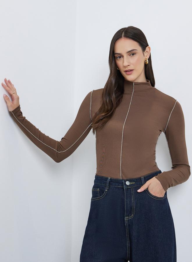 Styli Turtleneck Contrast Trim Ribbed Knit Top - Image 2