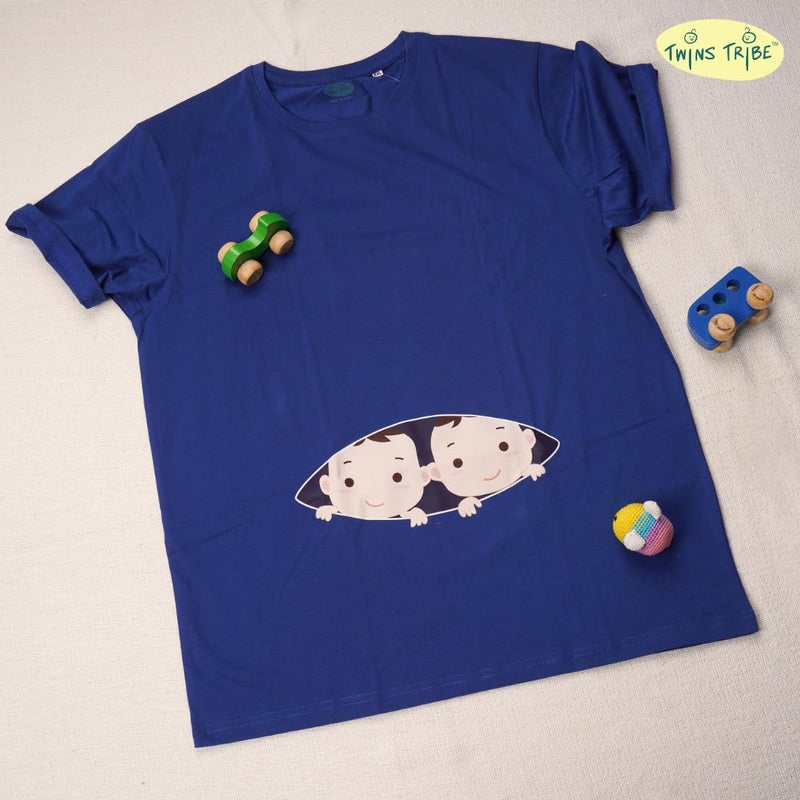 TwinsTribe Peek-a-Boo Tees for Women - Cotton Round Neck Half Sleeves Printed T-Shirt | Tee for Twins Moms - | Blue - Image 3