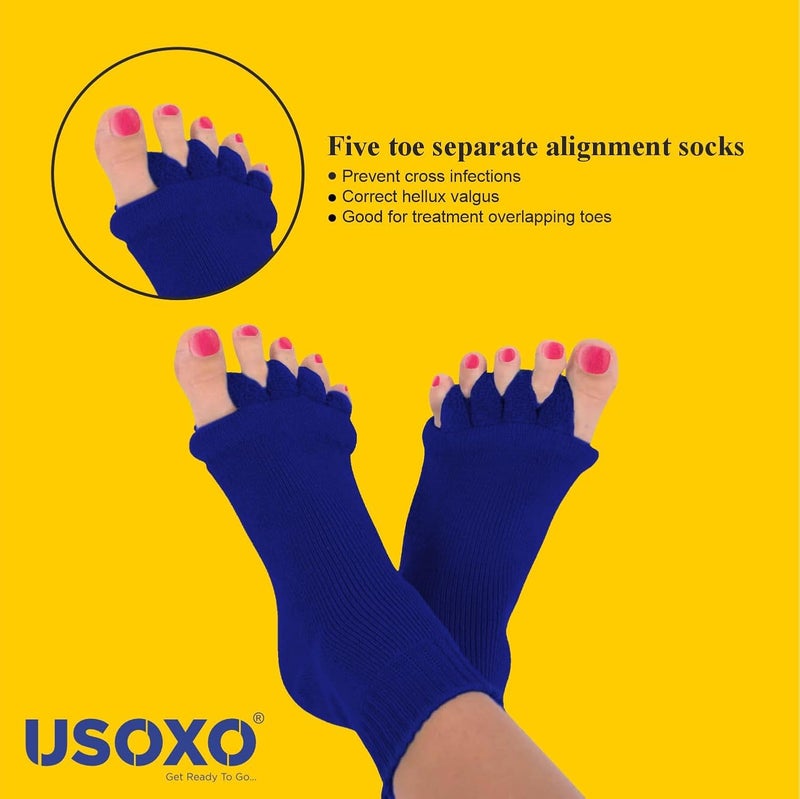 USOXO Foot Alignment Socks I Cotton Finger Toe Separator I Easing Bunion Hammertoe And Arthritis Pain Relief I Improving Posture & Increasing Flexibility I Free Size (Royal Blue) - Image 2