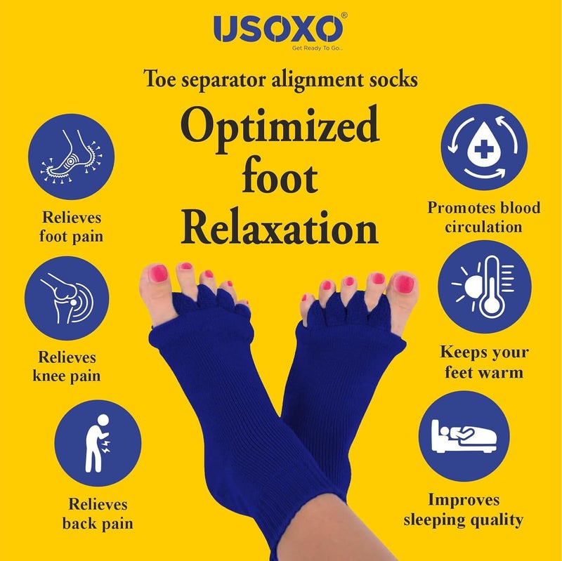 USOXO Foot Alignment Socks I Cotton Finger Toe Separator I Easing Bunion Hammertoe And Arthritis Pain Relief I Improving Posture & Increasing Flexibility I Free Size (Royal Blue) - Image 5
