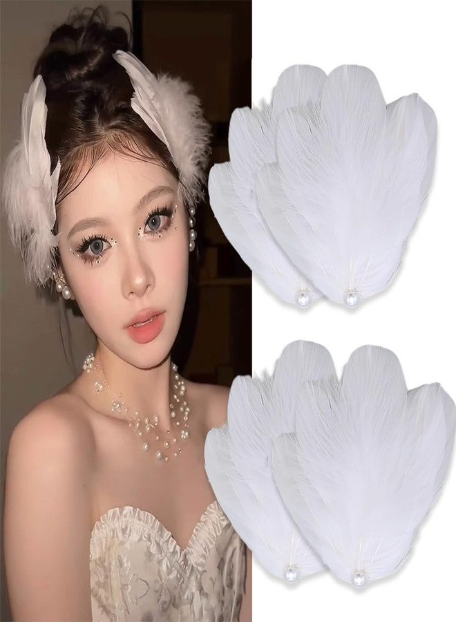 HANSAMU 4 Pack White Feather Hair Clip Ballet Style Pearl Ostrich Swan Feather Hair Pins Accessories for Women Girls Swan Lake Cosplay Show Dancing Party Bride Wedding Birthday Christmas Stage Performance - Image 1