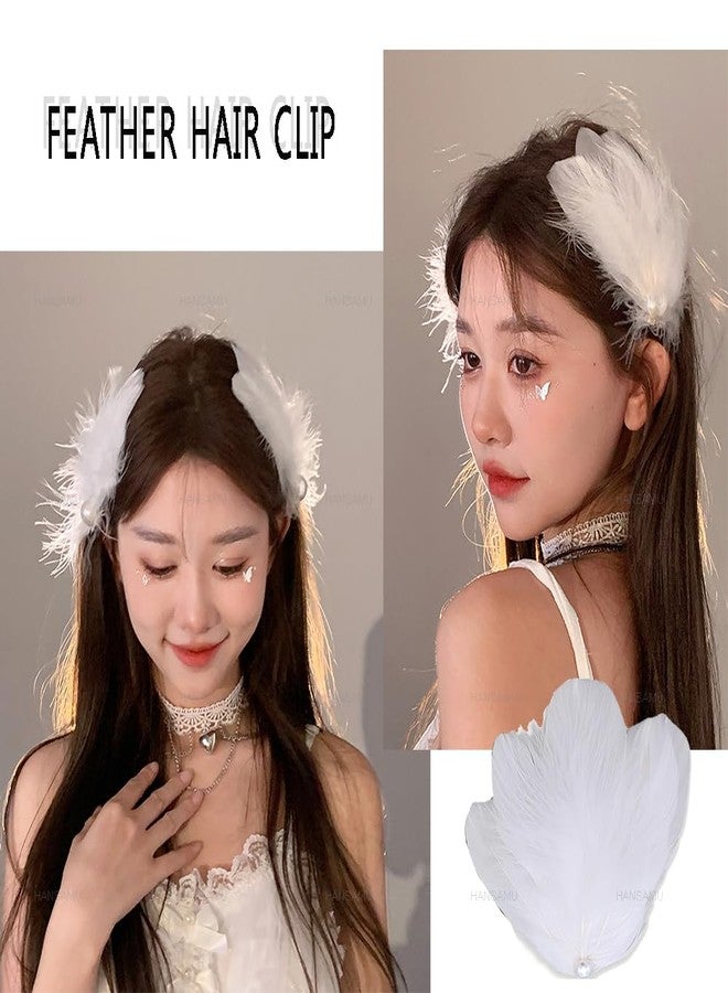 HANSAMU 4 Pack White Feather Hair Clip Ballet Style Pearl Ostrich Swan Feather Hair Pins Accessories for Women Girls Swan Lake Cosplay Show Dancing Party Bride Wedding Birthday Christmas Stage Performance - Image 3