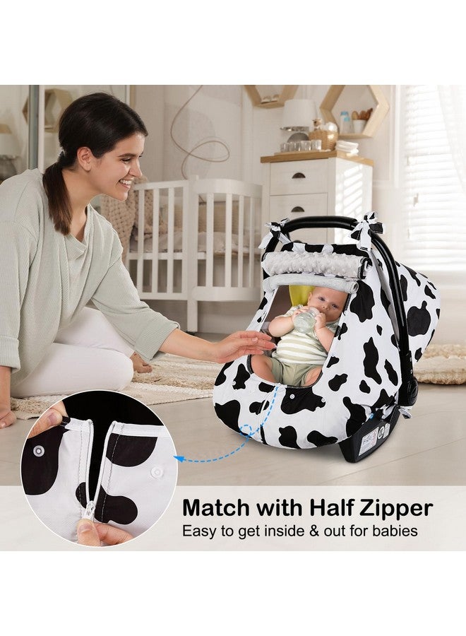 FIOBEE Baby Car Seat Cover, Car Seat Covers for Babies Infant Car Seat Canopy with Breathable Mesh Window Waterproof Carseat Cover for Babies Boy Girl 4 Seasons, White/Cow - Image 2