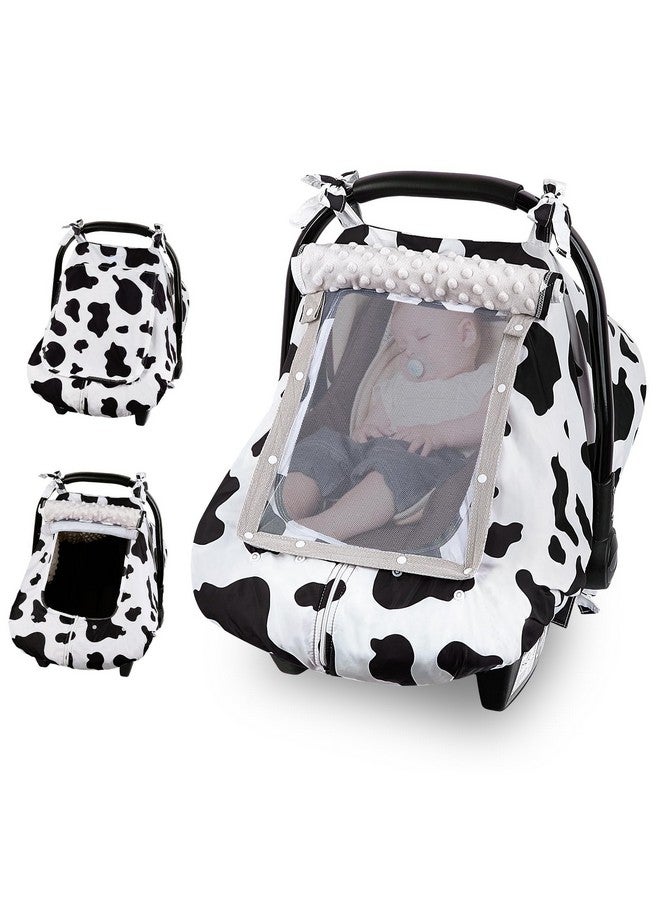 FIOBEE Baby Car Seat Cover, Car Seat Covers for Babies Infant Car Seat Canopy with Breathable Mesh Window Waterproof Carseat Cover for Babies Boy Girl 4 Seasons, White/Cow - Image 1