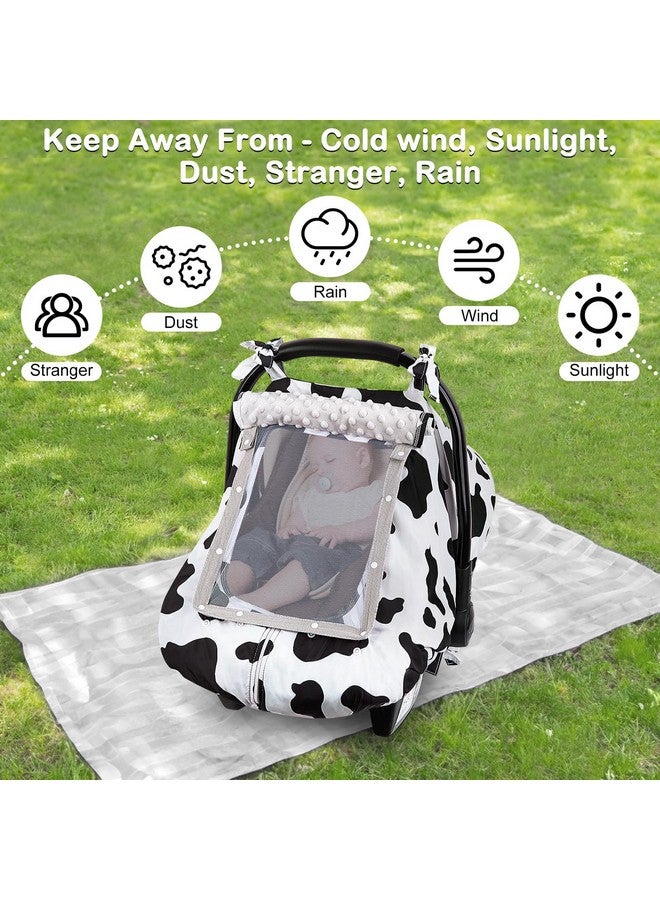 FIOBEE Baby Car Seat Cover, Car Seat Covers for Babies Infant Car Seat Canopy with Breathable Mesh Window Waterproof Carseat Cover for Babies Boy Girl 4 Seasons, White/Cow - Image 5