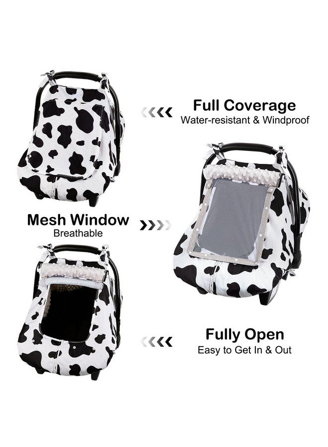 FIOBEE Baby Car Seat Cover, Car Seat Covers for Babies Infant Car Seat Canopy with Breathable Mesh Window Waterproof Carseat Cover for Babies Boy Girl 4 Seasons, White/Cow - Image 3