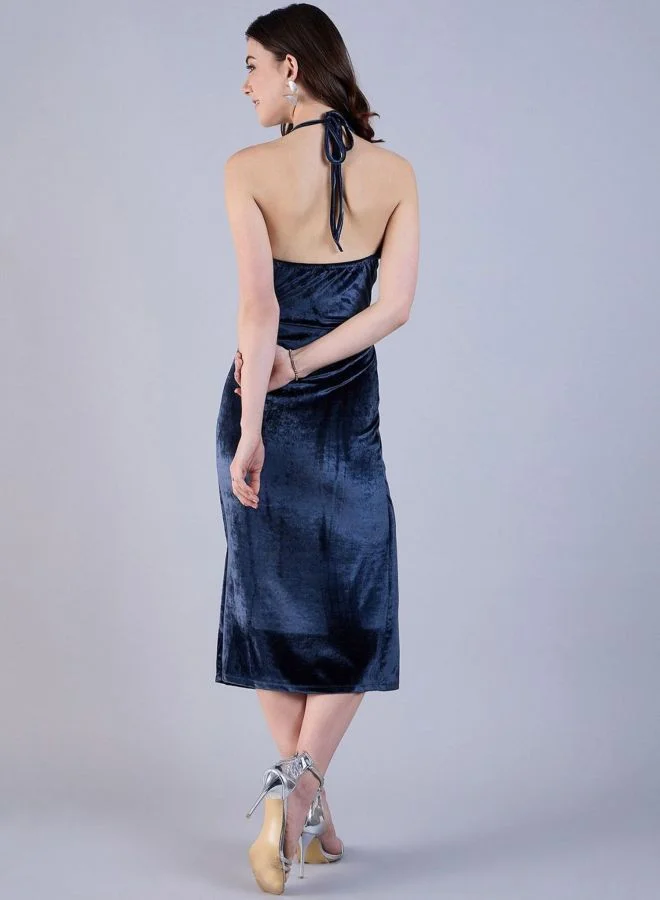 Freehand  Women Fit and Flared Solid Halter Neck Sleeveless Midi Dress for Women | Best Price UAE