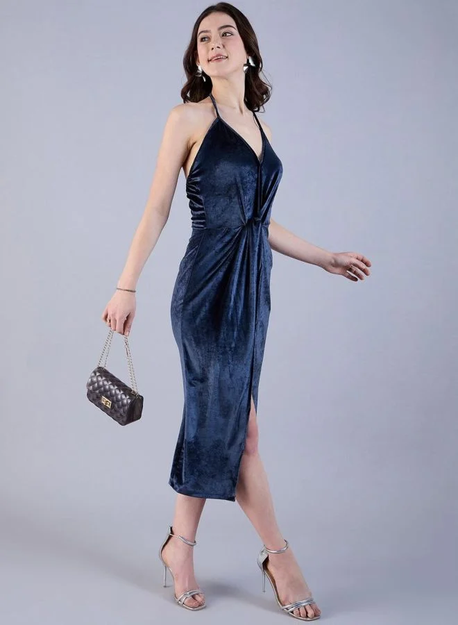 Freehand  Women Fit and Flared Solid Halter Neck Sleeveless Midi Dress for Women | Best Price UAE