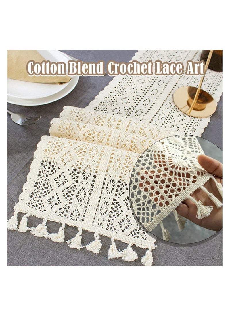 Table Runners Cotton Crochet Table Cover Lace Boho Wedding Table Runner, Beige Macrame Cotton Crochet Lace Table Runner with Tassels Bohemian Wedding Bridal Decor, Home Dining Table Decor (24x180cm)