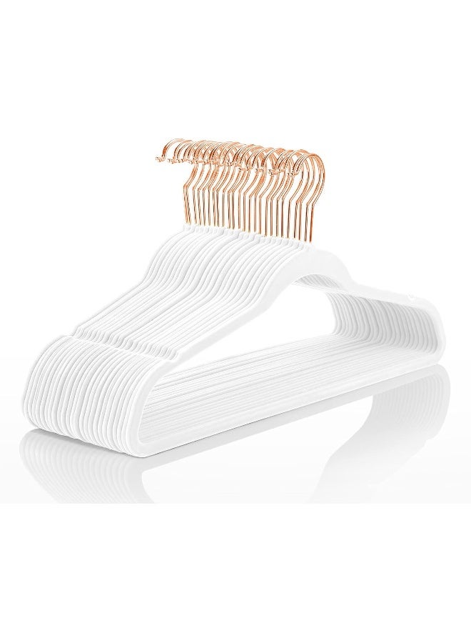 MIZGI Premium Velvet Hangers (50 Pack) Heavy Duty - Non Slip Felt Hangers - White - Rose Gold Swivel Hooks, Space Saving Clothes Hangers, Durable Strong Hangers for Suits, Coats, Dress - Image 1
