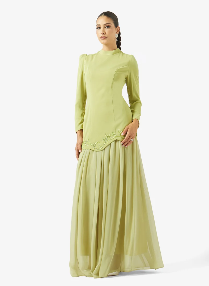 BEADED WAVY WAIST LINE CREPE DRESS