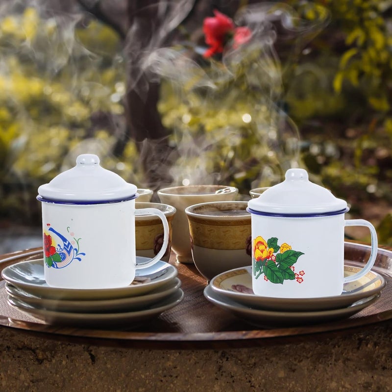 Cabilock كابيلوك 2 قطعة أكواب شاي مينا بتصميم صيني عتيق أكواب قهوة كوب ماء عتيق كوب حليب مع غطاء كوب نبيذ كأس شرب للمنزل والمكتب 350 مل - Image 2