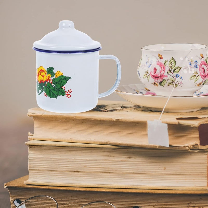 Cabilock كابيلوك 2 قطعة أكواب شاي مينا بتصميم صيني عتيق أكواب قهوة كوب ماء عتيق كوب حليب مع غطاء كوب نبيذ كأس شرب للمنزل والمكتب 350 مل - Image 3