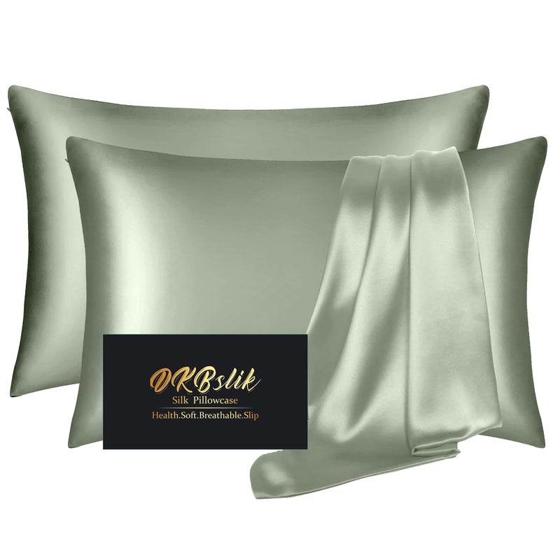DKBslik Silk Pillow Cases 2 Pack, Mulberry Silk Pillowcases Standard Set of 2, Smooth, Anti Acne, Beauty Sleep, Both Sides Natural Silk Satin Pillow Cases for Women 2 Pack with Zipper for Gift, Sage Green - Image 1