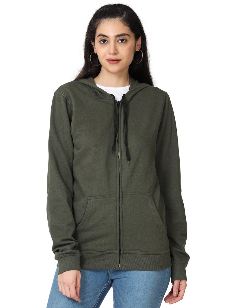 Wafaa Women's Cotton Plain Hooded Neck Full Zipper Olive Green Color Regular Fit Sweatshirt Hoodies with Kangaroo Pocket XXL Size - Image 1