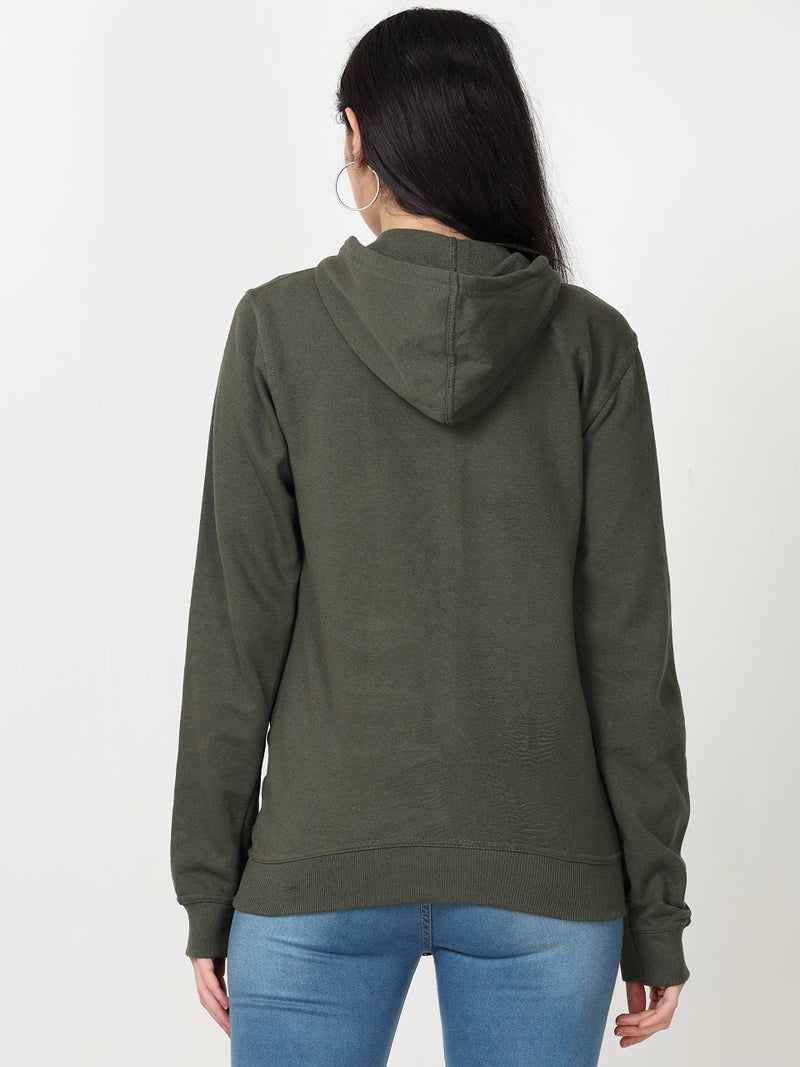 Wafaa Women's Cotton Plain Hooded Neck Full Zipper Olive Green Color Regular Fit Sweatshirt Hoodies with Kangaroo Pocket XXL Size - Image 2