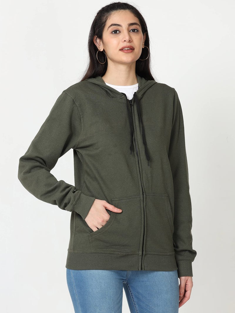Wafaa Women's Cotton Plain Hooded Neck Full Zipper Olive Green Color Regular Fit Sweatshirt Hoodies with Kangaroo Pocket XXL Size - Image 3
