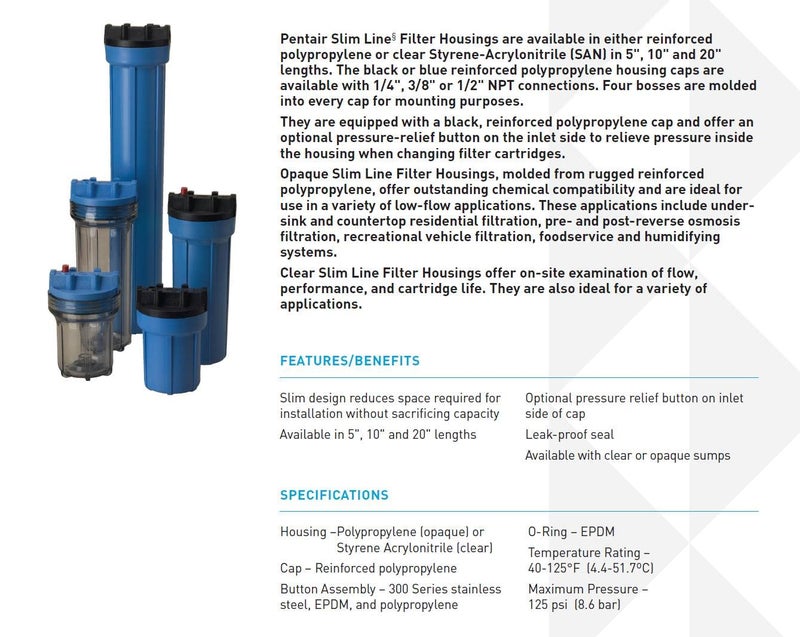 Pentek Pentair Pentek 158007 Traditional Slim Line Filter Housing, 3/8" NPT #10 Under Sink Clear Water Filter Housing with Pressure Relief Button, 10-Inch, Clear - Image 2