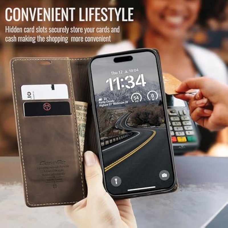 CaseMe Wallet Case for iPhone 17 Air, Premium Handmade Slim Retro Durable Leather Magnetic Closure Flip Anti-Fall Shockproof Case with Kickstand and Card Slots for iPhone 17 Air (Brown1) - Image 3
