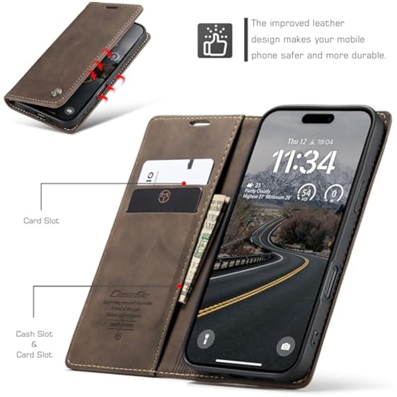 CaseMe Wallet Case for iPhone 17 Air, Premium Handmade Slim Retro Durable Leather Magnetic Closure Flip Anti-Fall Shockproof Case with Kickstand and Card Slots for iPhone 17 Air (Brown1) - Image 2