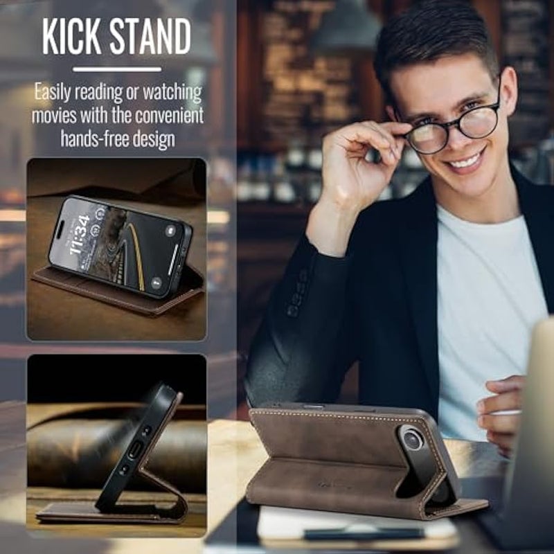 CaseMe Wallet Case for iPhone 17 Air, Premium Handmade Slim Retro Durable Leather Magnetic Closure Flip Anti-Fall Shockproof Case with Kickstand and Card Slots for iPhone 17 Air (Brown1) - Image 5