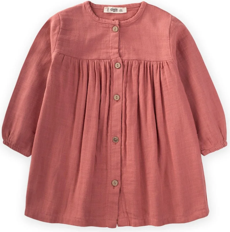 Cigit Flamed Seasonal Dress 1-10 Years Coral