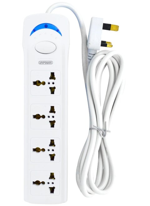 شريط طاقة يوني باور Ex-1287 مع 4 مقابس وخيار، محول قابس عالمي، مأخذ شحن مع سلك تمديد بطول 3 أمتار (أبيض)