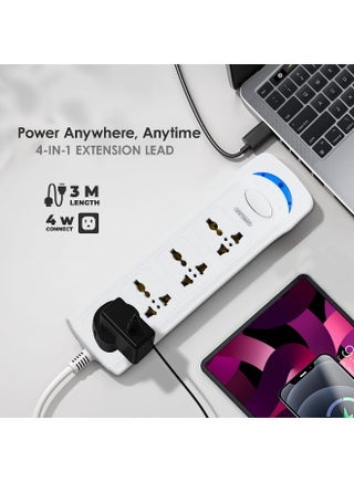 شريط طاقة يوني باور Ex-1287 مع 4 مقابس وخيار، محول قابس عالمي، مأخذ شحن مع سلك تمديد بطول 3 أمتار (أبيض) - view 4