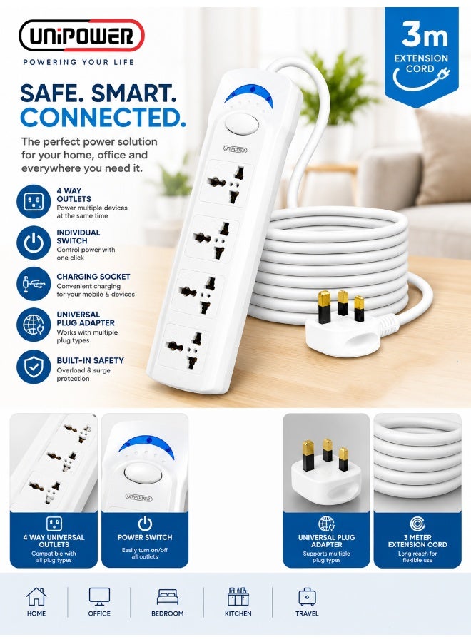 Unipower Power Strips Ex-1287 Extension Cord with 4 way Outlets with switch, Universal Plug Adapter, Charging Socket with 3 meter Extension Cord (White) - Image 3