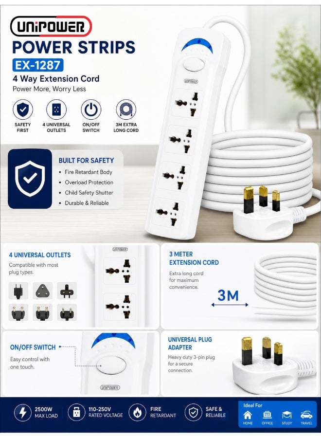 Unipower Power Strips Ex-1287 Extension Cord with 4 way Outlets with switch, Universal Plug Adapter, Charging Socket with 3 meter Extension Cord (White) - Image 2