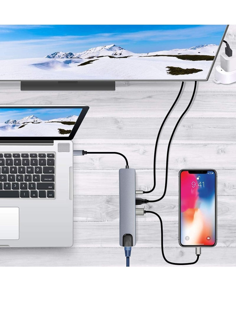 USB C 8 in 1 Hub Multiport Adapter 3.1 Type C Dock Station with 4K HDMI, SD Card Reader, PD Charger Port, Gigabit Ethernet, 3 USB 3.0 Ports