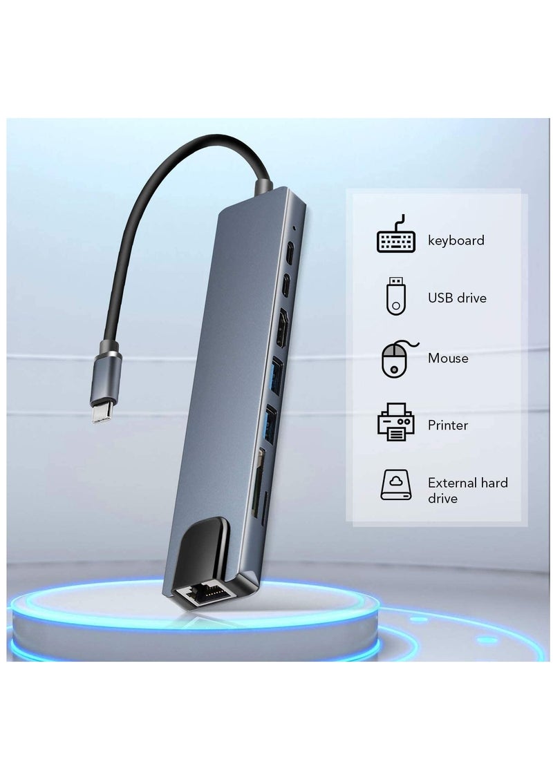 Excefore USB C 8 in 1 Hub Multiport Adapter 3.1 Type C Dock Station with 4K HDMI, SD Card Reader, PD Charger Port, Gigabit Ethernet, 3 USB 3.0 Ports  - Image 2