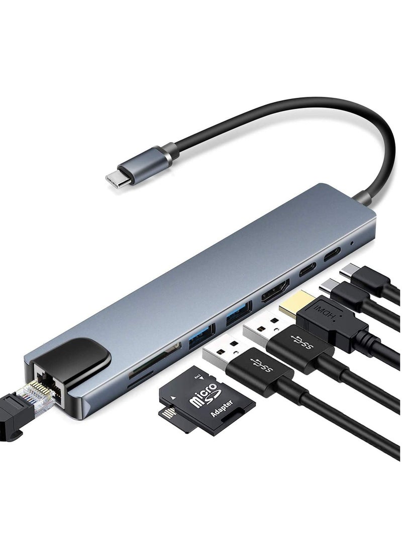 Excefore USB C 8 in 1 Hub Multiport Adapter 3.1 Type C Dock Station with 4K HDMI, SD Card Reader, PD Charger Port, Gigabit Ethernet, 3 USB 3.0 Ports  - Image 1