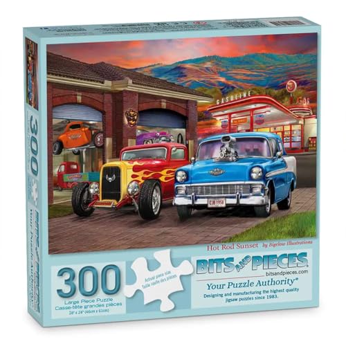 Bits and Pieces 300 Piece Puzzles for Adults 300 Large Pieces 18 x 24 Jigsaw Puzzles Classic Cars Hot Rods Random Die Cut No 2 Pieces Alike Hot Rod Sunset - Image 1