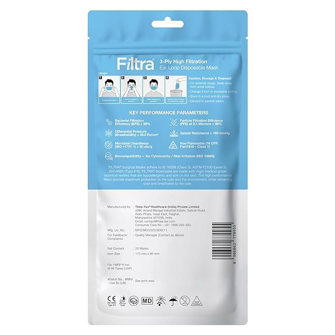 Filtra ® 3-Ply Ear Loop Surgical Mask - High Filtration | Breathable | Hypoallergenic | Ergonomic | Fluid Repellent - Image 4