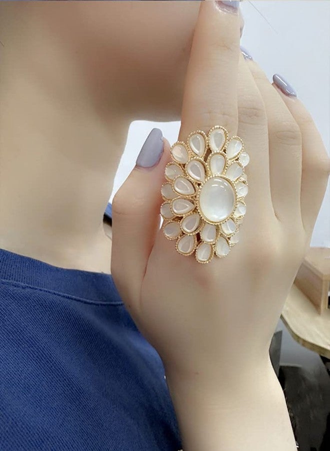 Dtja Exaggerated Opal Flower Statement Ring for Women Girls Boho White Birthstone Large Big Adjustable Expandable Open Wrap Finger Rings Comfort Fit Bohemian Wedding Birthday Cocktail Party Jewelry Gift - Image 3