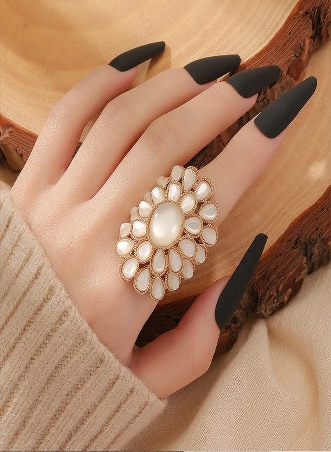 Dtja Exaggerated Opal Flower Statement Ring for Women Girls Boho White Birthstone Large Big Adjustable Expandable Open Wrap Finger Rings Comfort Fit Bohemian Wedding Birthday Cocktail Party Jewelry Gift - Image 2