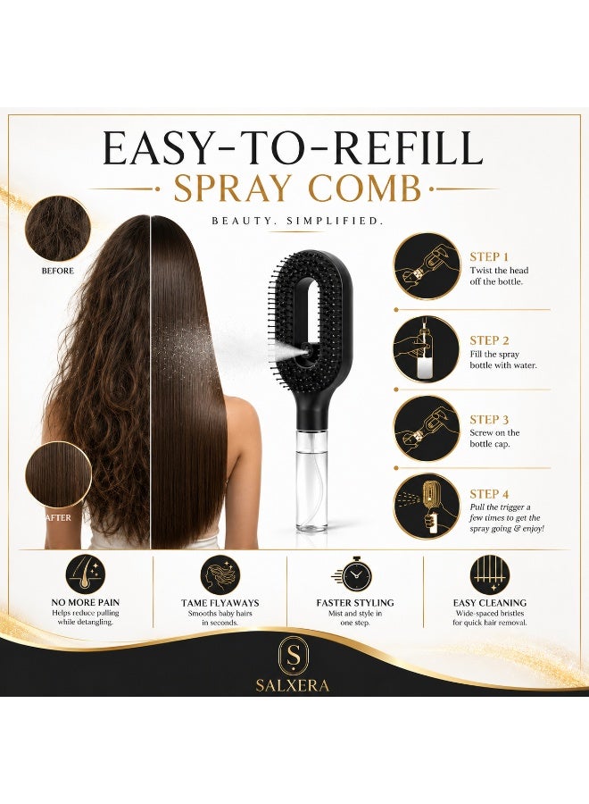 SALXERA 2-in-1 Fine Mist Spray Hair Brush | Black | Detangles Wet & Dry Hair | Built-in 50ml Mister for Water & Liquid Hair Treatments - Image 2