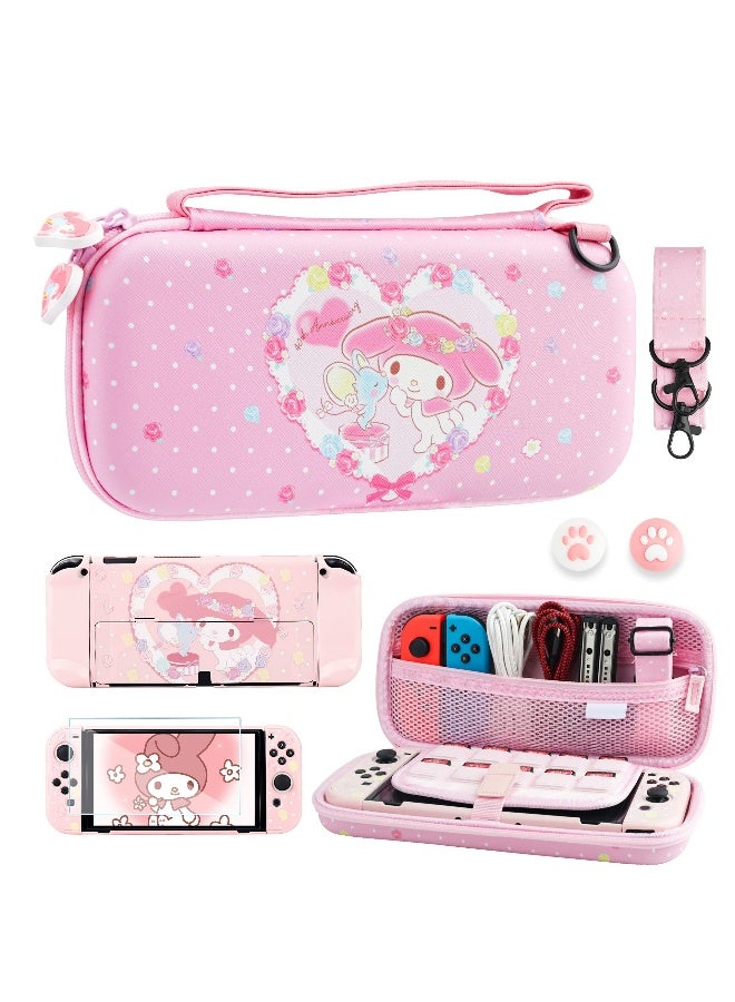 Pink Bunny Pattern Carrying Case for Nintendo Switch OLED - Hard Protective Storage with Shoulder Strap, Hand Strap, Screen Protector, and 2 Thumb Caps. Perfect for gamers on the go! - Image 1
