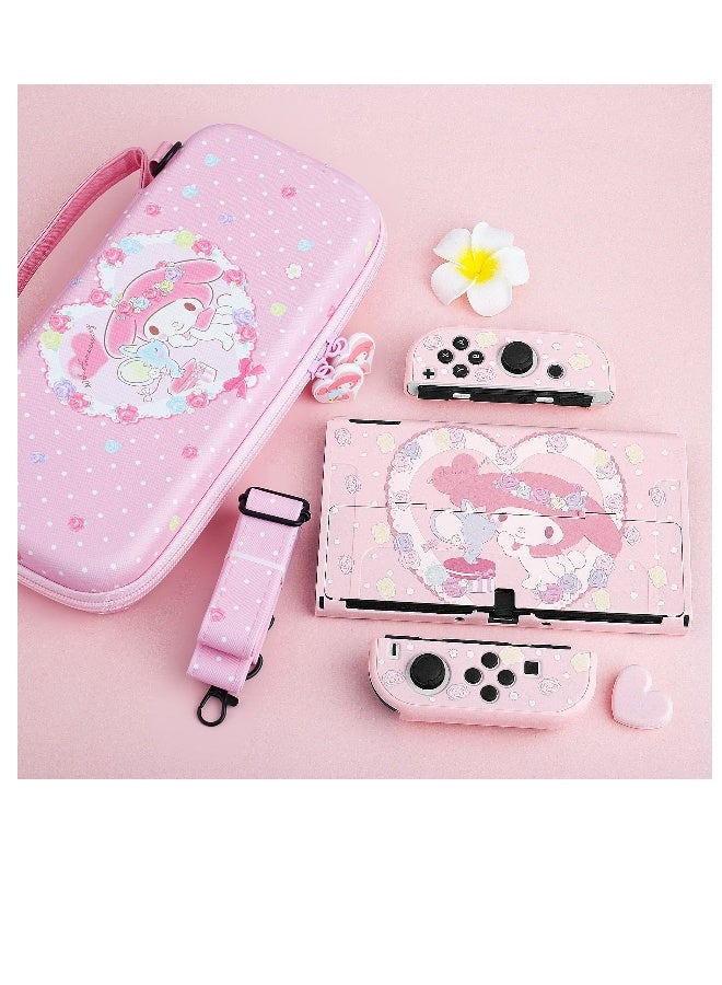 Pink Bunny Pattern Carrying Case for Nintendo Switch OLED - Hard Protective Storage with Shoulder Strap, Hand Strap, Screen Protector, and 2 Thumb Caps. Perfect for gamers on the go! - Image 5