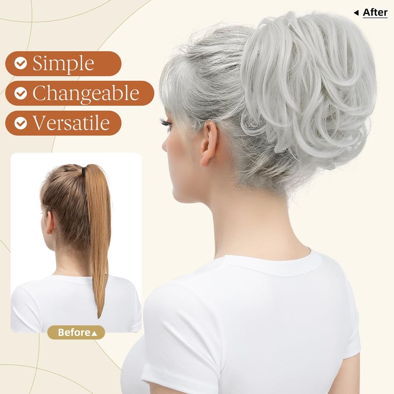 youngways Claw Clip Short Ponytail Messy Bun Hair Piece Bendable Hair Branch Extensions Fluffy Wavy Curly Synthetic Versatile White Hairpieces - Image 2