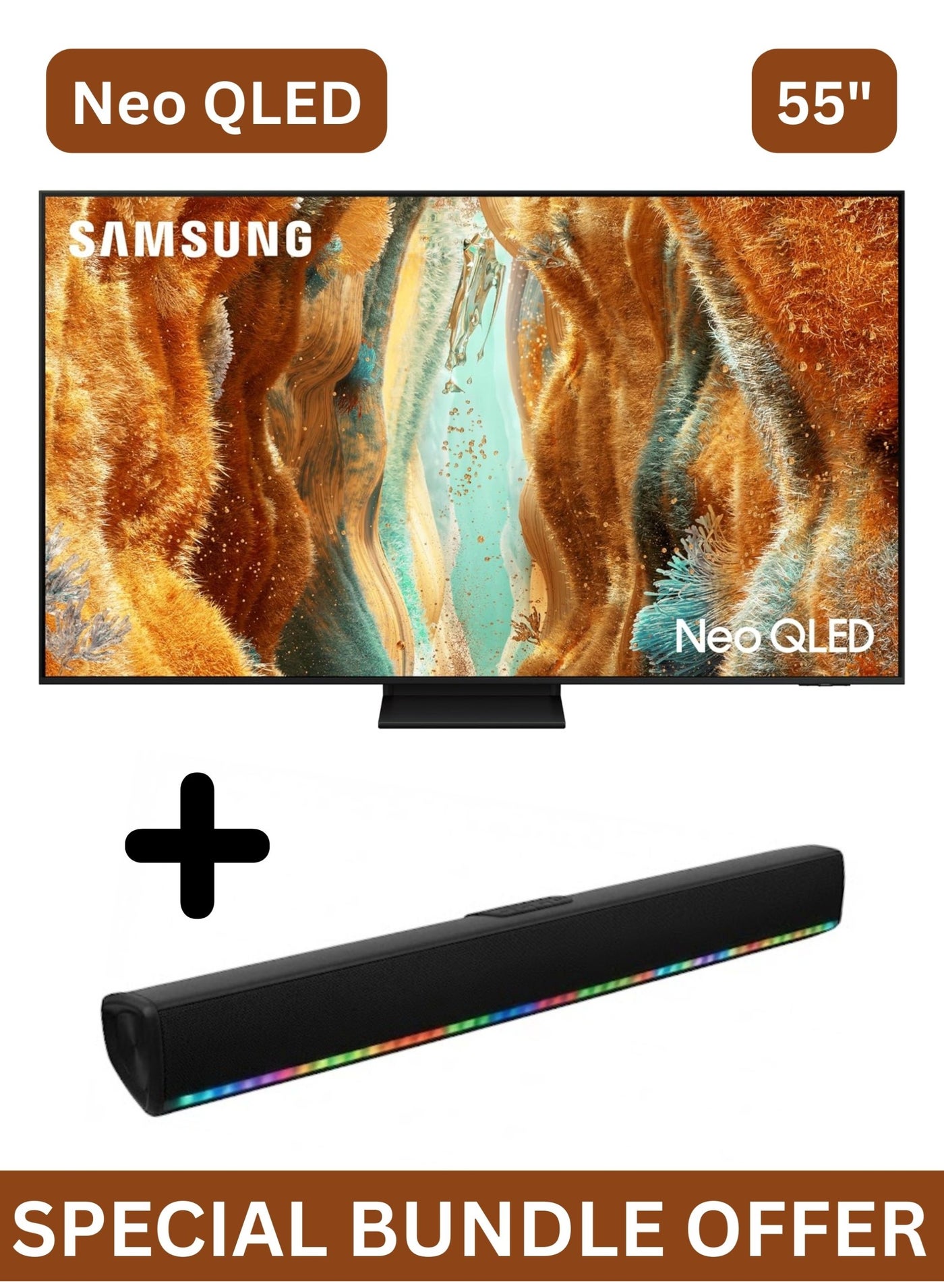 Samsung 55 Inch Neo QLED QN70F 4K, Samsung Vision AI Smart TV (2025 - UAE Version) + 2.0 Channel Portable Soundbar With Built In Battery & LED Lights | Tizen Smart TV - Neo Quantum HDR, 100Hz (Up to 144Hz), 360 Audio, FreeSync Premium PRO -