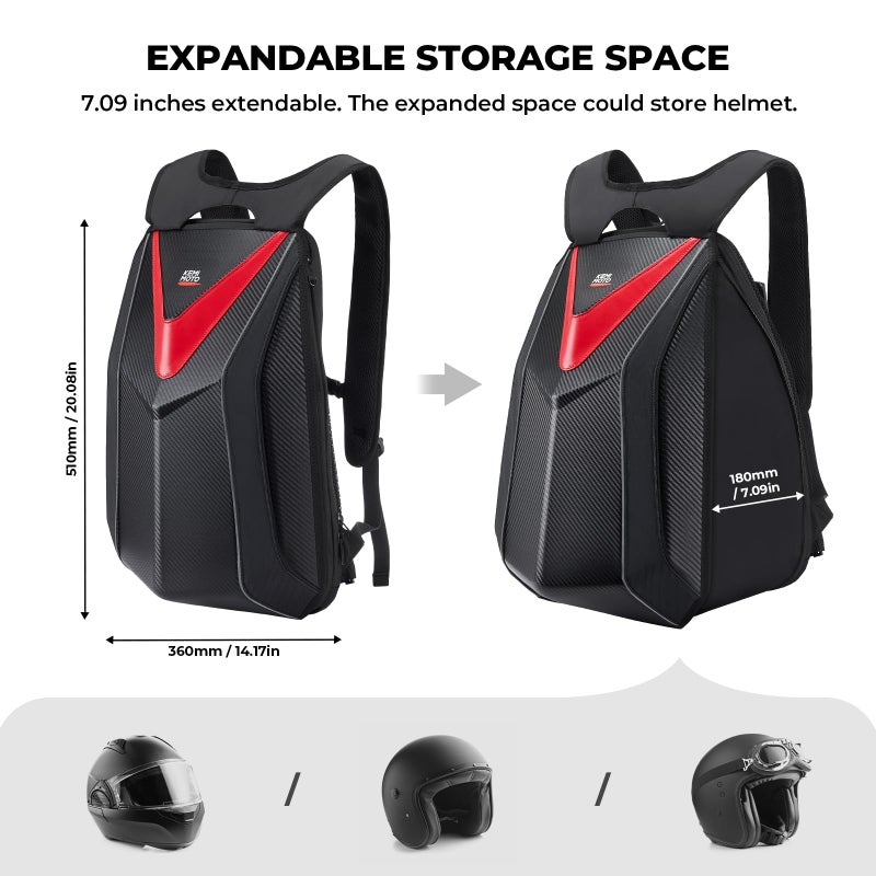 KEMIMOTO Motorcycle Backpack, Hardshell Helmet Backpack Expandable Large Capacity Riding Bag, Water Resistant Lightweight for Riding Work Gym - Image 3