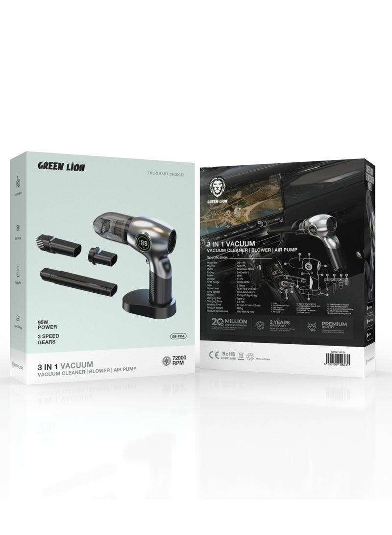 GREEN LION 3 In 1 Vacuum Cleaner, Dust Blower & Air Pump with Digital Display and 3 Speed Gears / 95W Power / 72000 RPM / ABS + PC Material / Charging Base / Brushless Motor / Type-C Charging / GB-196 - Silver - Image 5